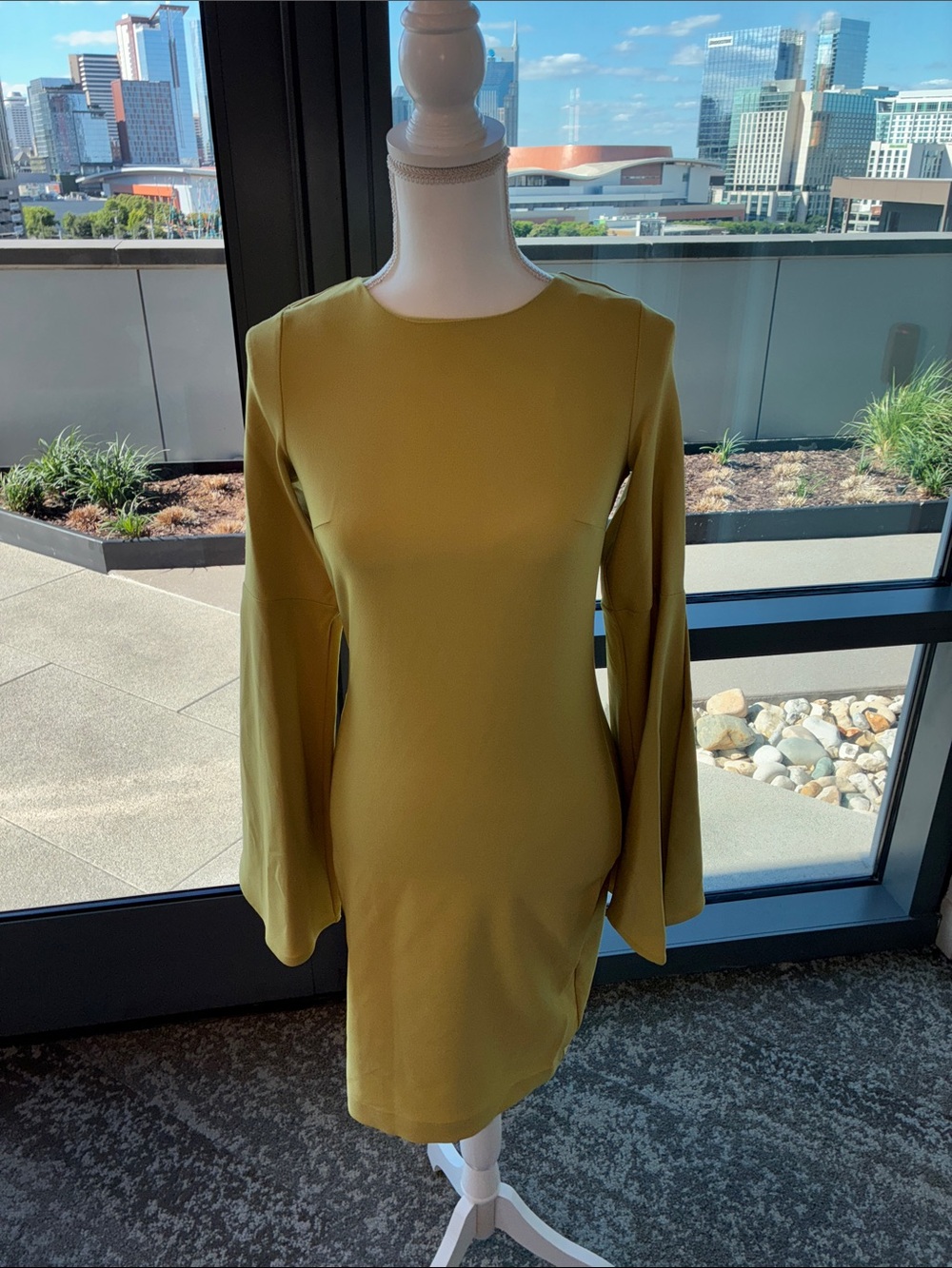 Theo the label Olive Green Long-Sleeve Shift Dress with Flared Cuffs
